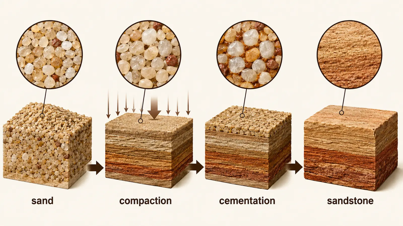 sandがcompactionとcementationを経てsandstoneになる仕組み