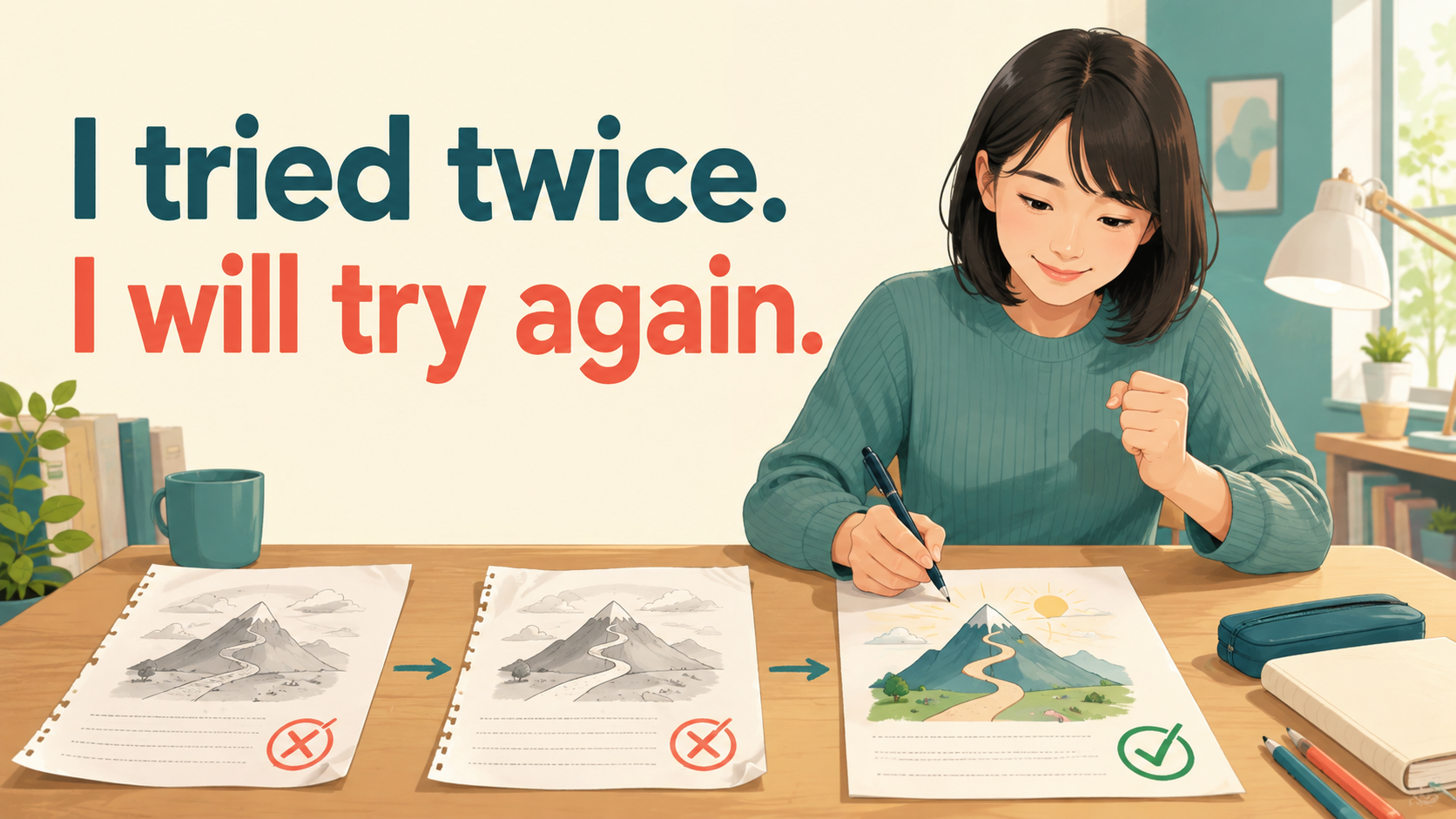 I tried twice. I will try again.で三度目の正直を簡単な英語に言い換えるイラスト