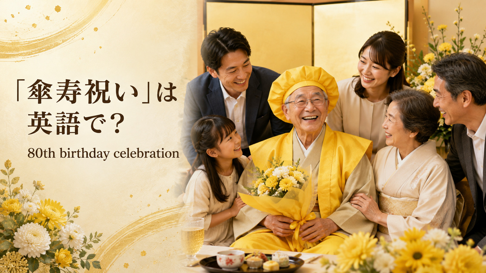 「傘寿祝い」は英語で?80th birthday celebrationと紹介するアイキャッチ