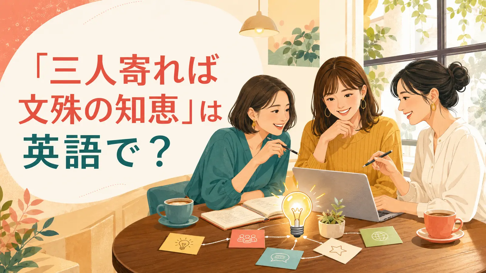 三人寄れば文殊の知恵は英語で？と書かれた、3人でアイデアを出し合う女性のイラスト
