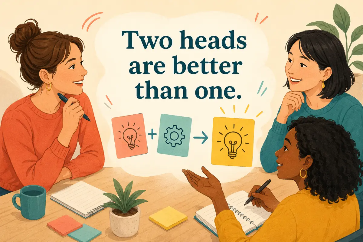 Two heads are better than one. の意味を表す、3人で考える女性のイラスト