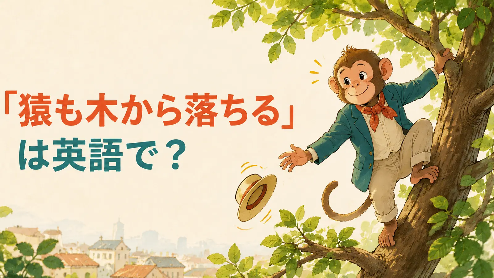 「猿も木から落ちる」は英語で?木登りの途中で帽子を落とした猿のイラスト