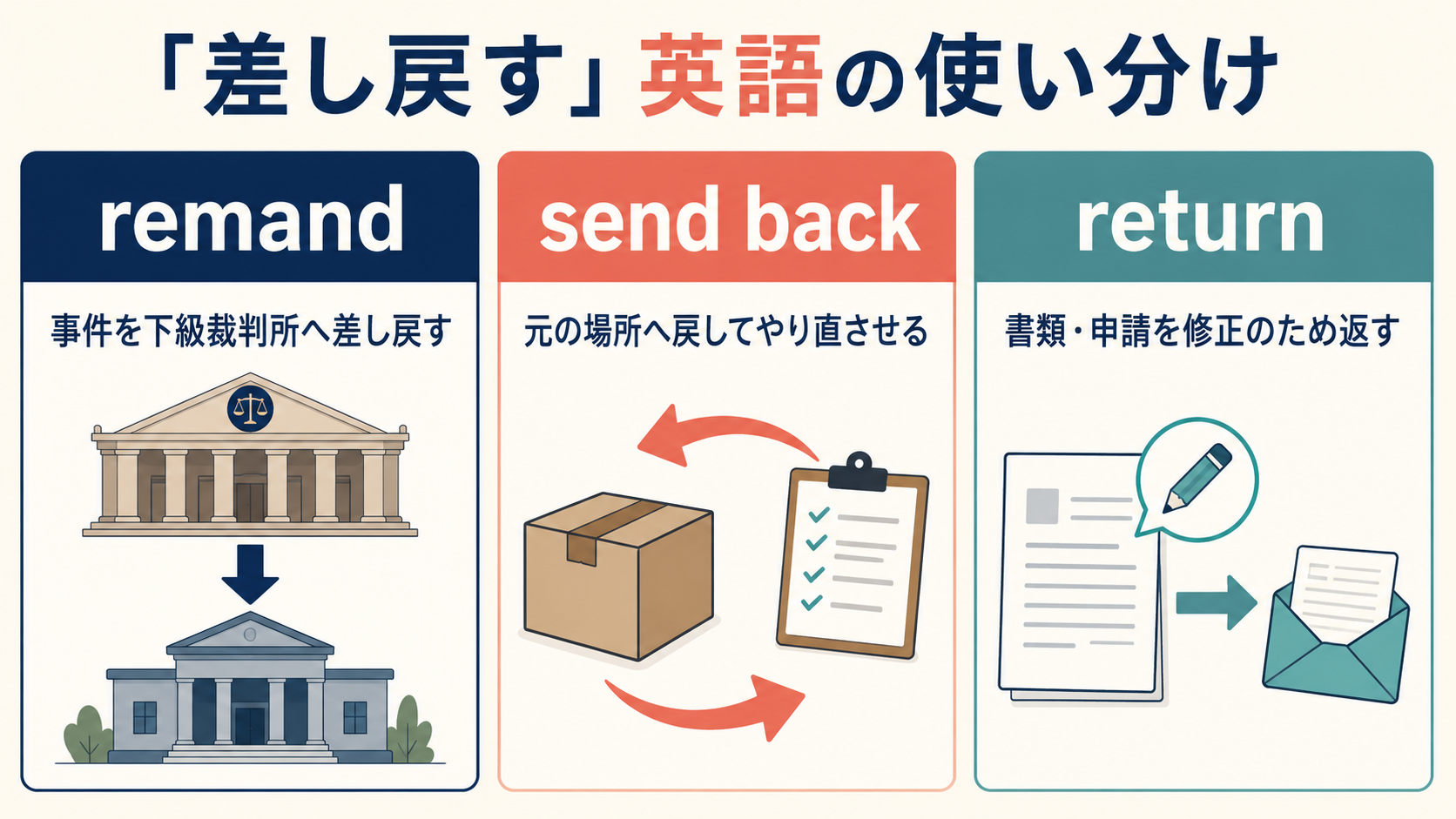 remand・send back・returnで差し戻すを使い分ける図