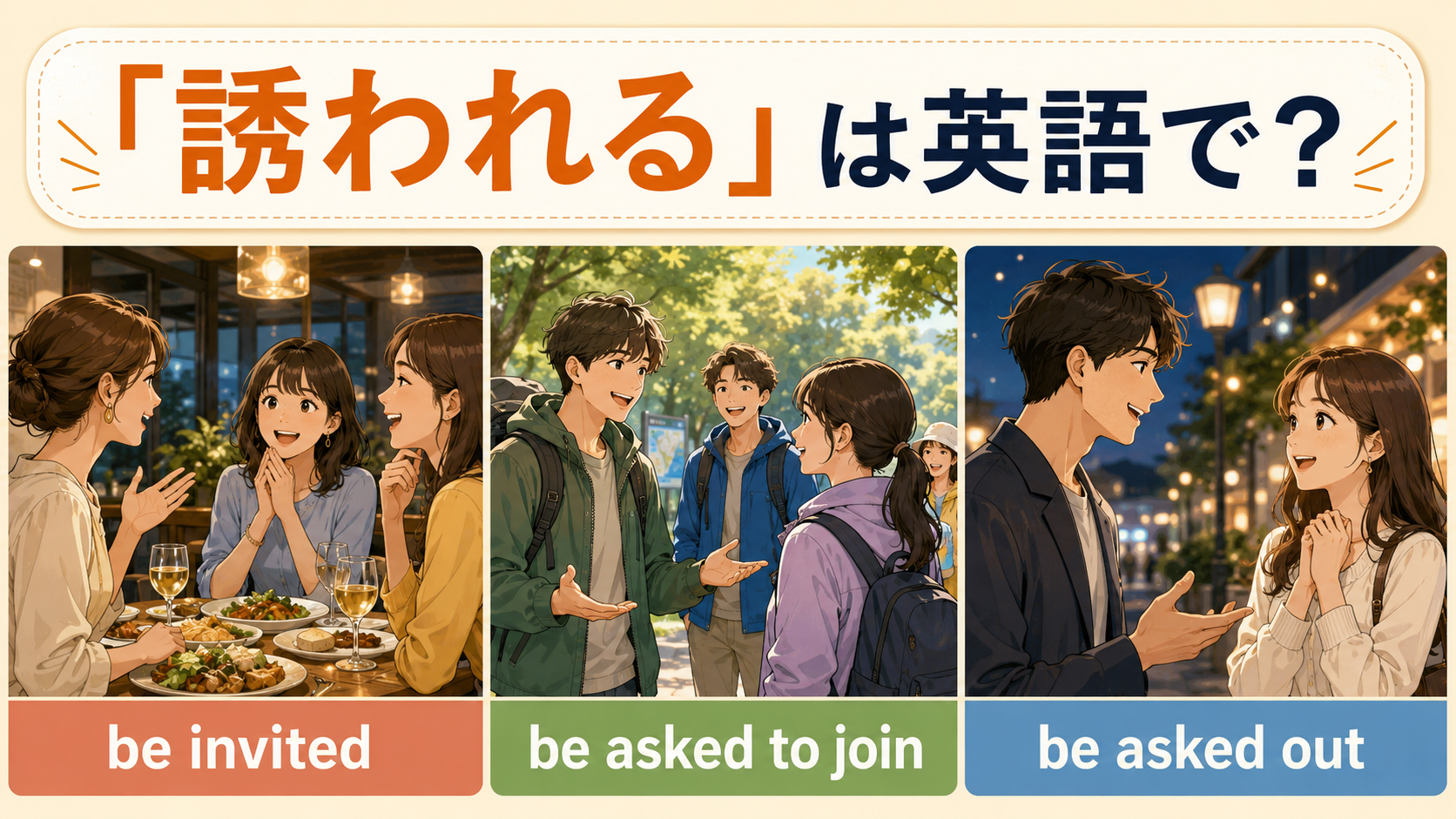 「誘われる」は英語で？be invited・be asked to join・be asked outの違い