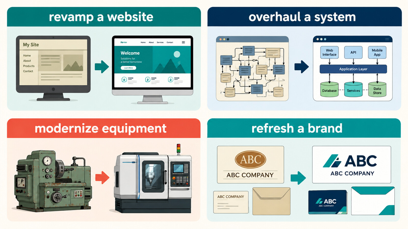 revamp a website・overhaul a system・modernize equipment・refresh a brandの違い