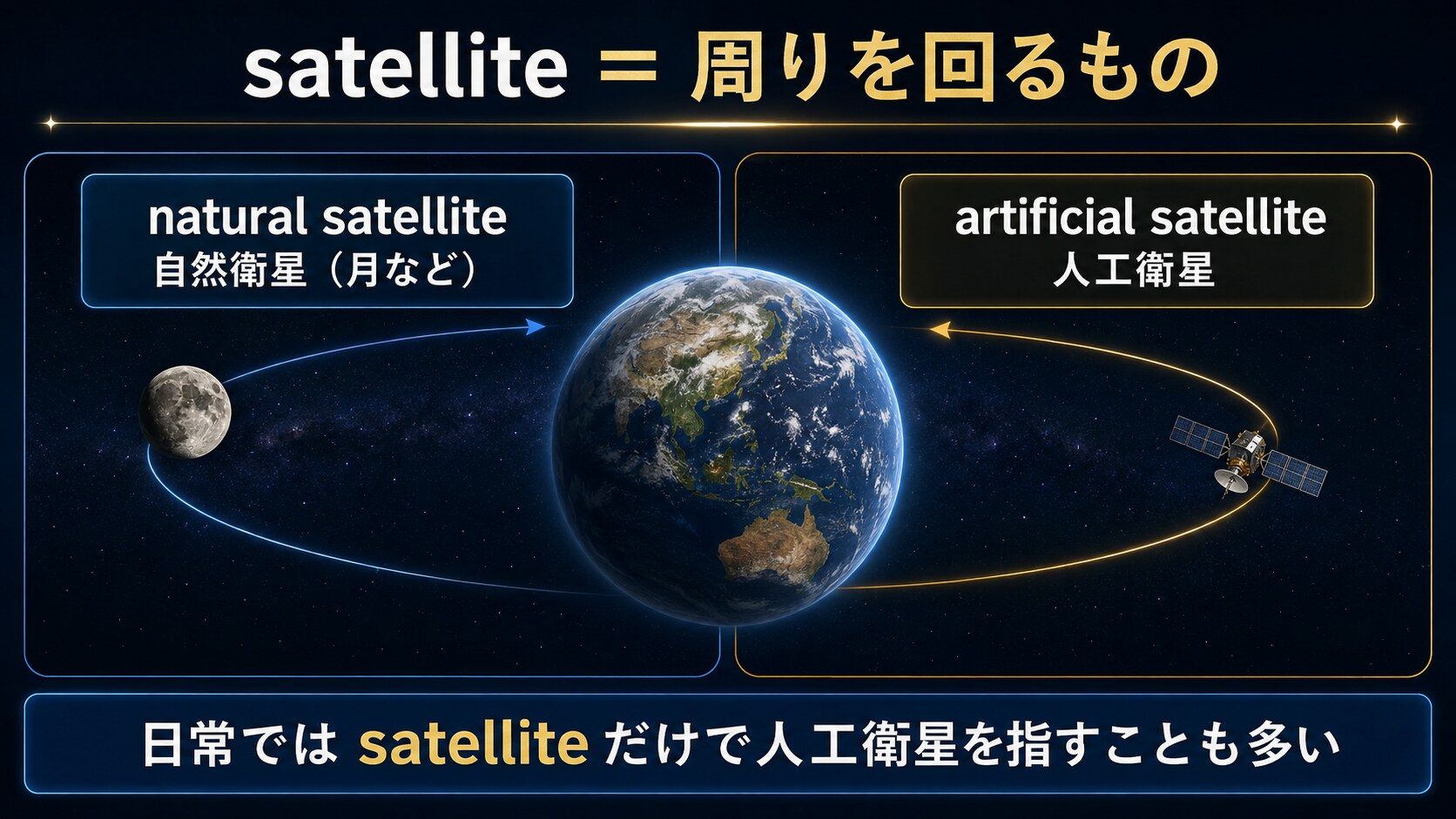 自然衛星と人工衛星をsatelliteの意味から比較した図解