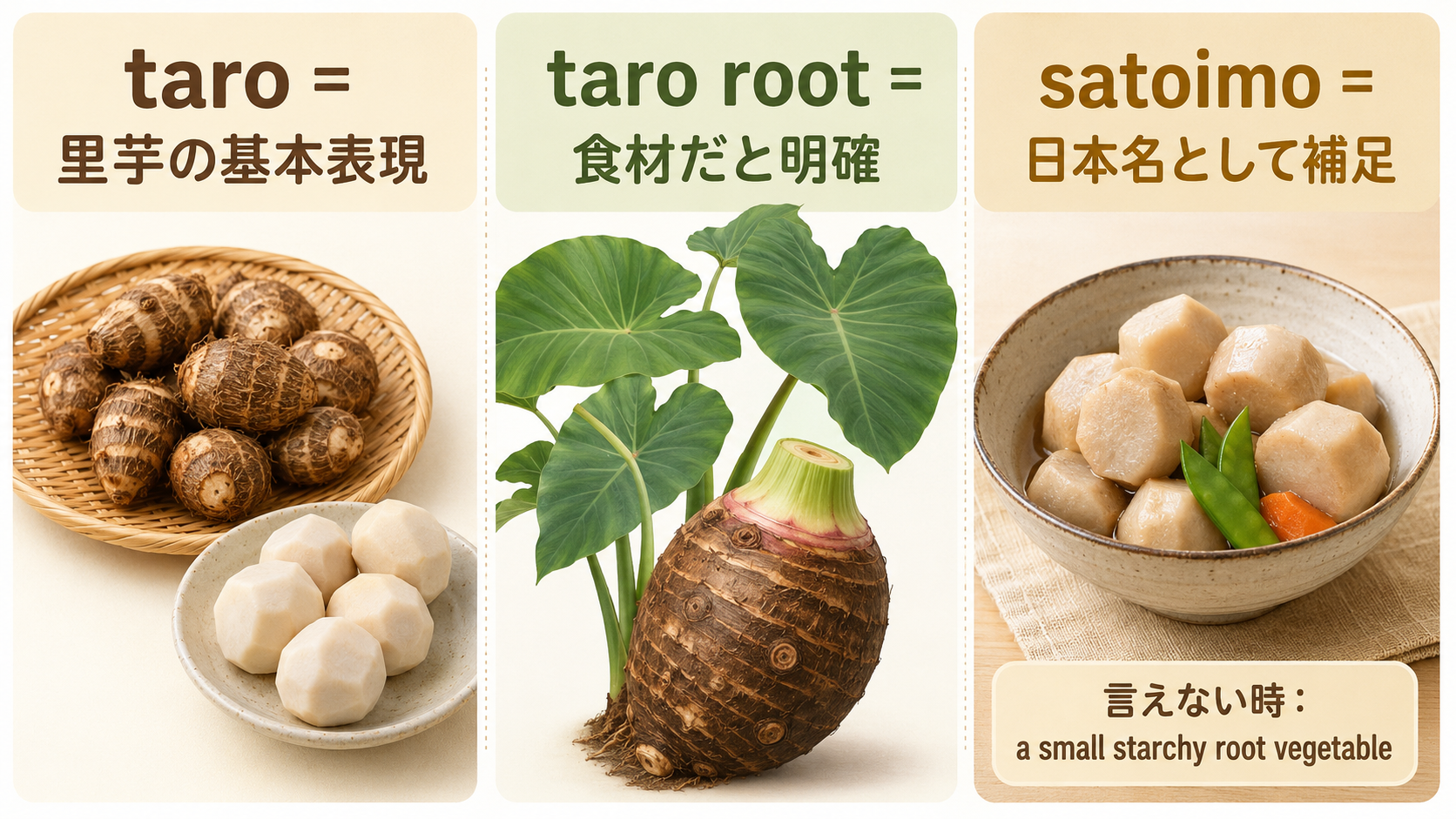taro、taro root、satoimoの違いと里芋を簡単な英語で説明する図