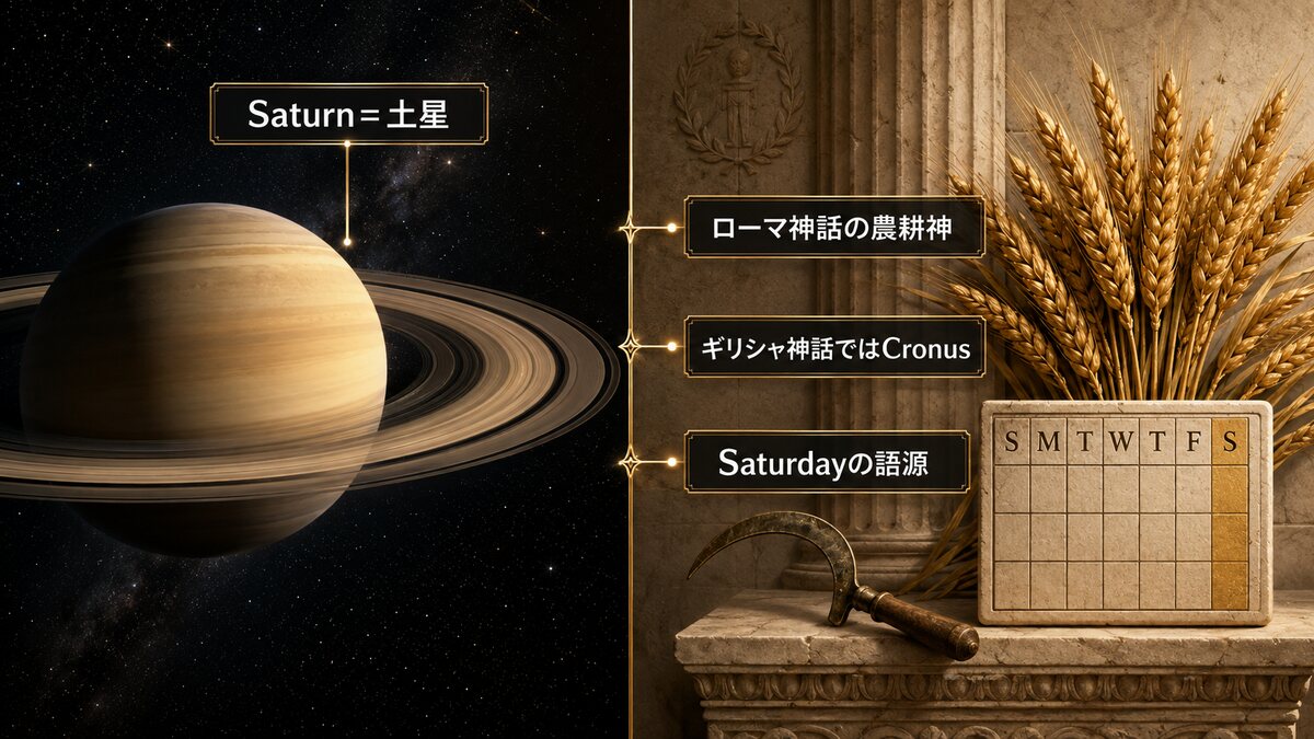 Saturnは土星、ローマ神話の農耕神、ギリシャ神話のCronus、Saturdayの語源と示した図