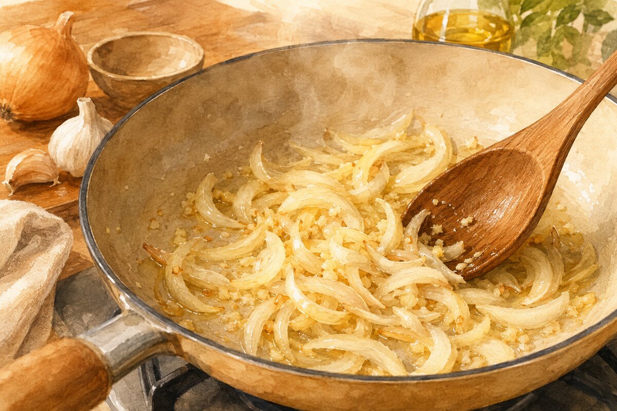 フライパンで玉ねぎとにんにくを少量の油で炒める様子