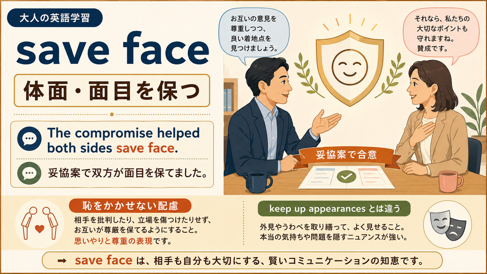 save faceの直訳と実際の意味を比較する本文イラスト