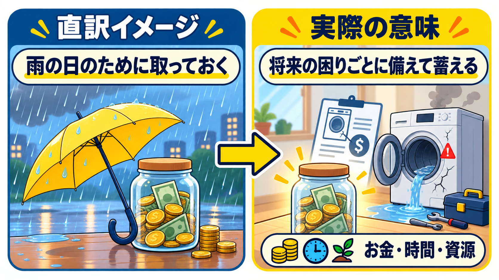 save for a rainy dayの直訳イメージと実際の意味を比較した解説図