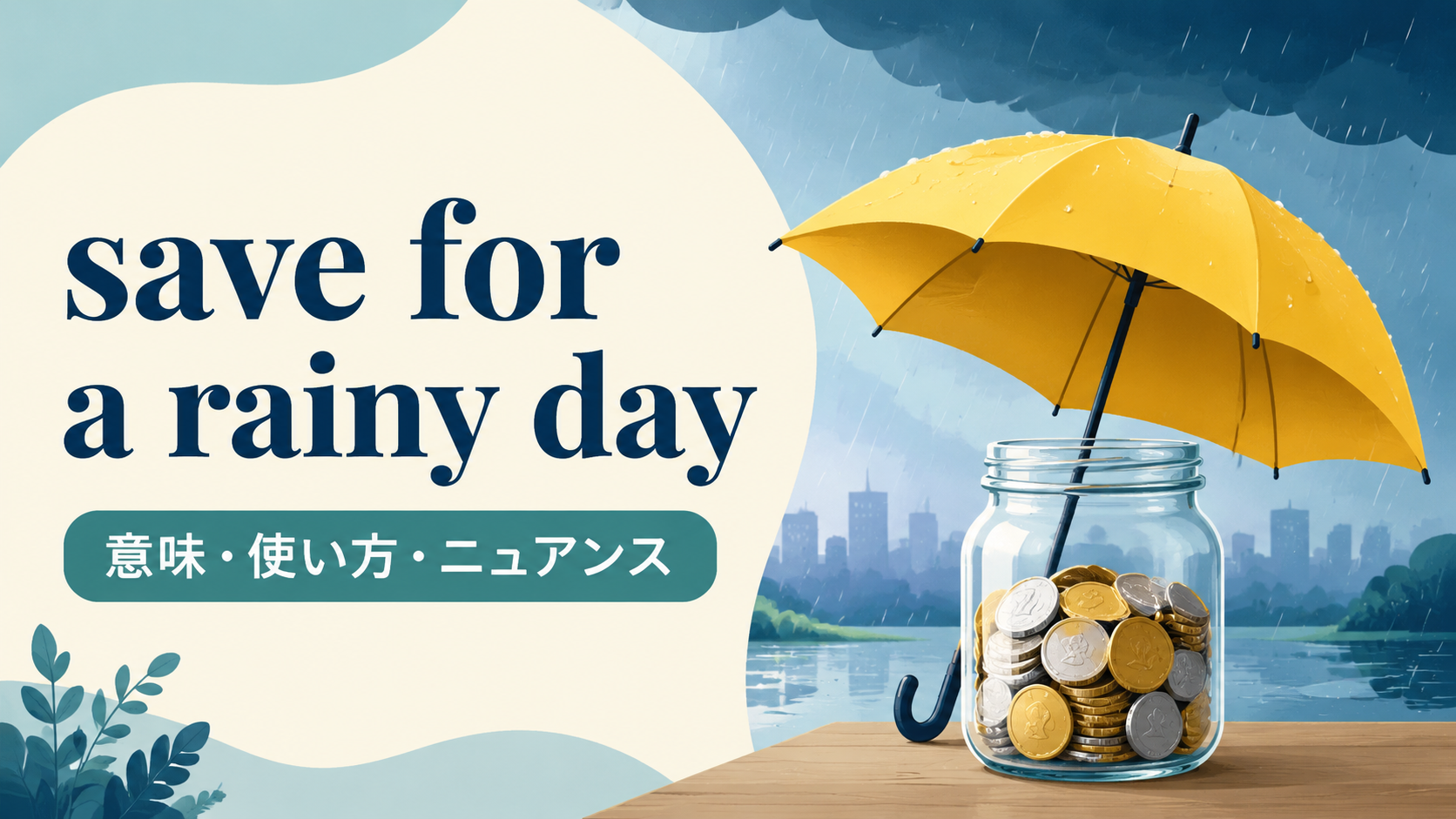 save for a rainy dayの意味・使い方・ニュアンスを解説するアイキャッチ画像
