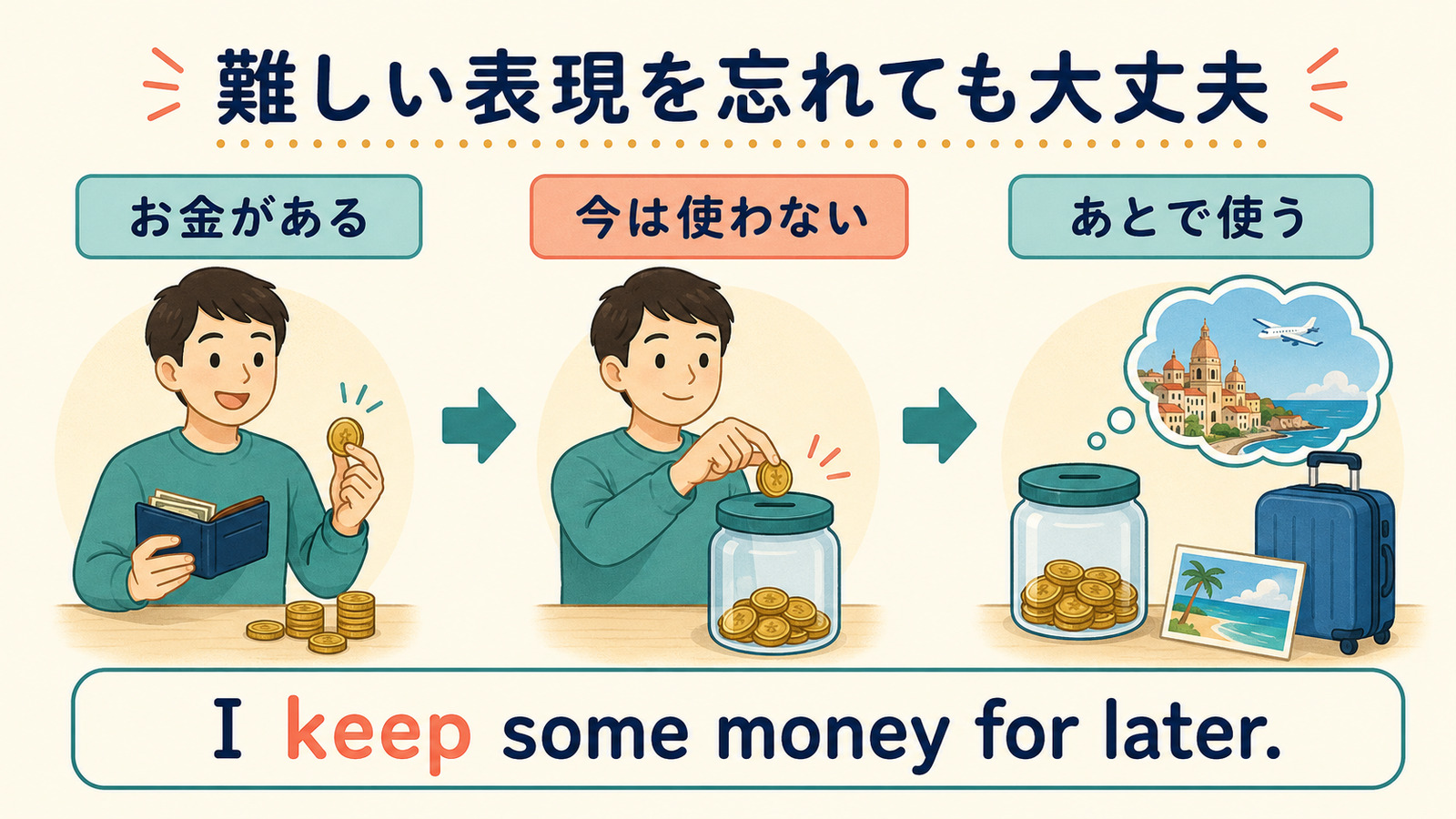 貯金するを I keep some money for later. と簡単な英語で説明する図