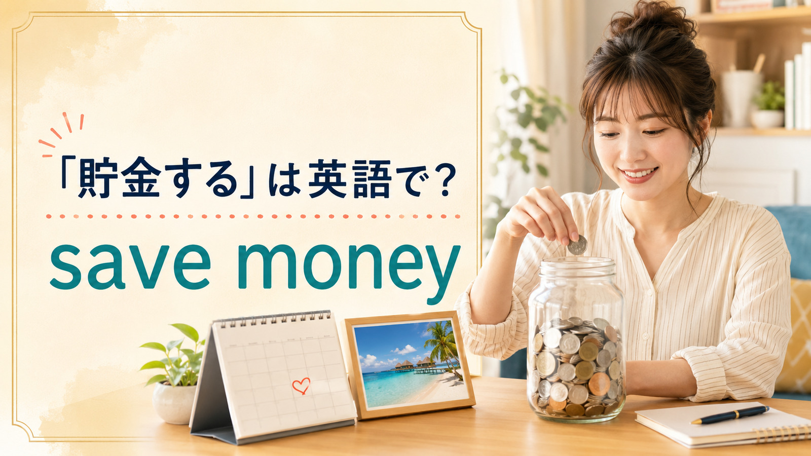 「貯金する」は英語で save money と表すイラスト