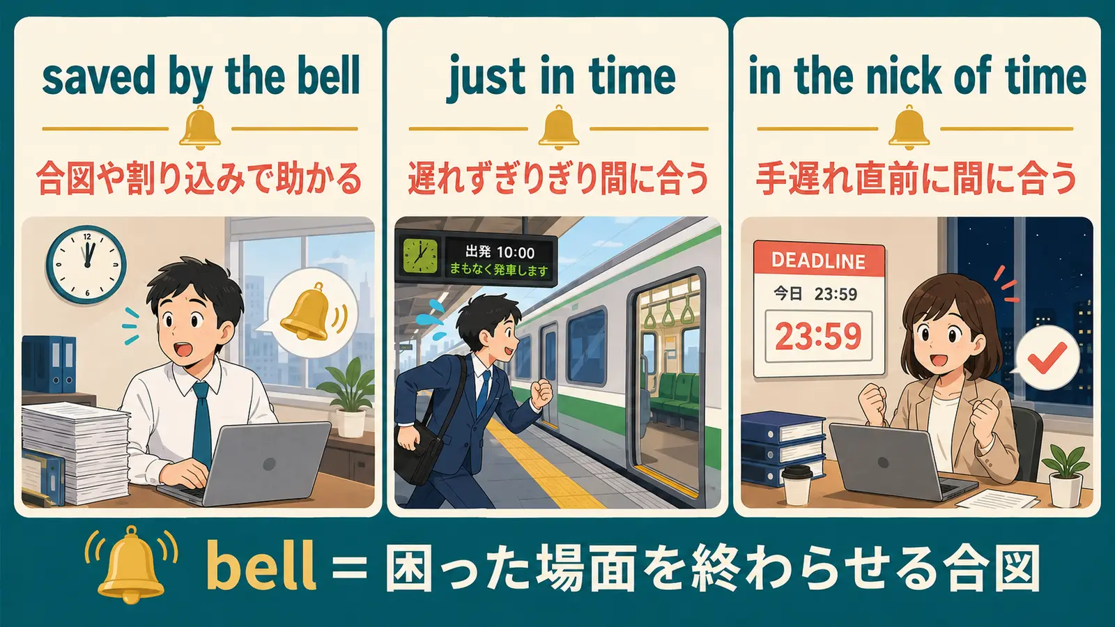 saved by the bell、just in time、in the nick of timeの違い