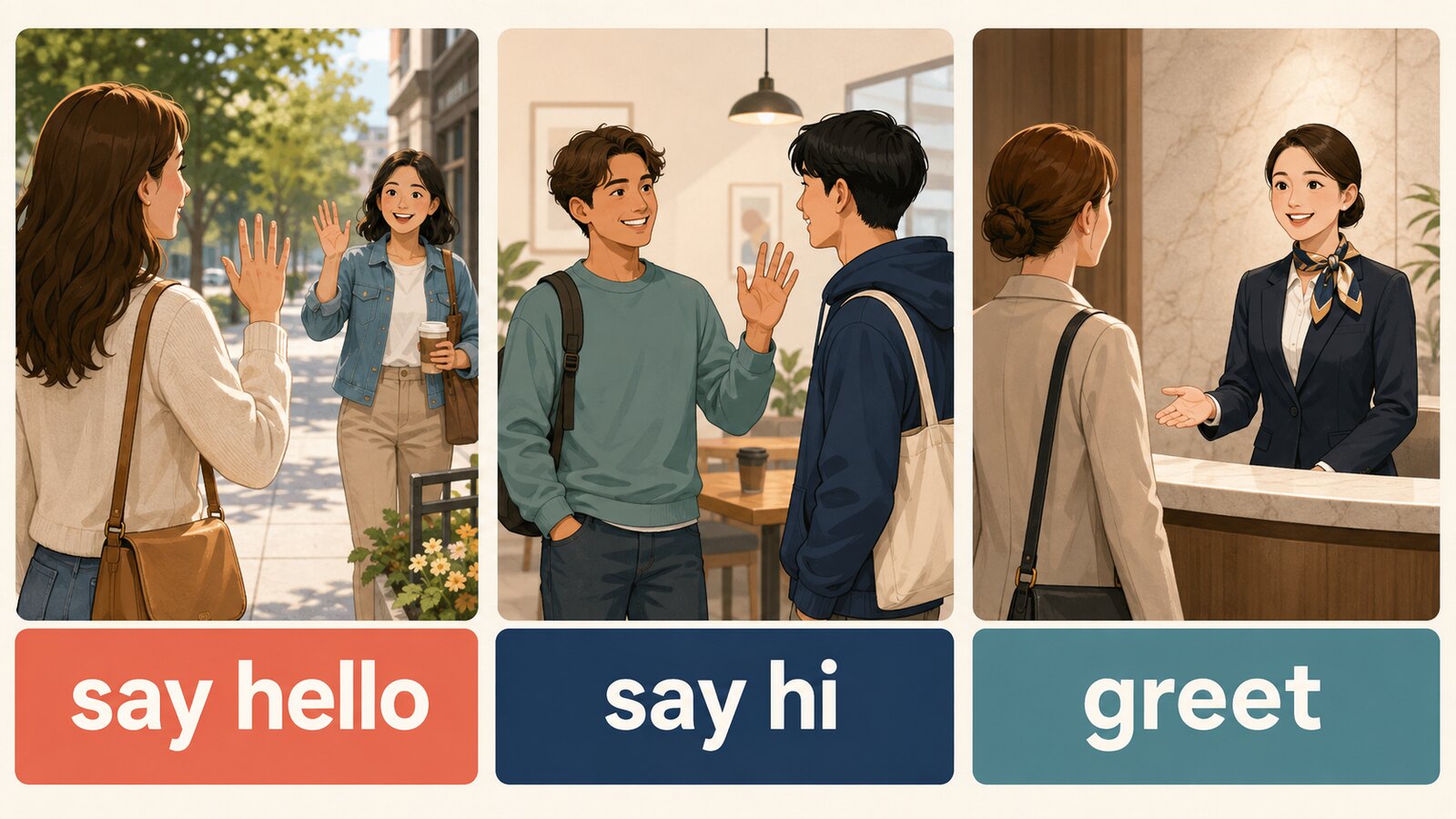 say hello・say hi・greetの使い分けを3つの場面で示す比較イラスト