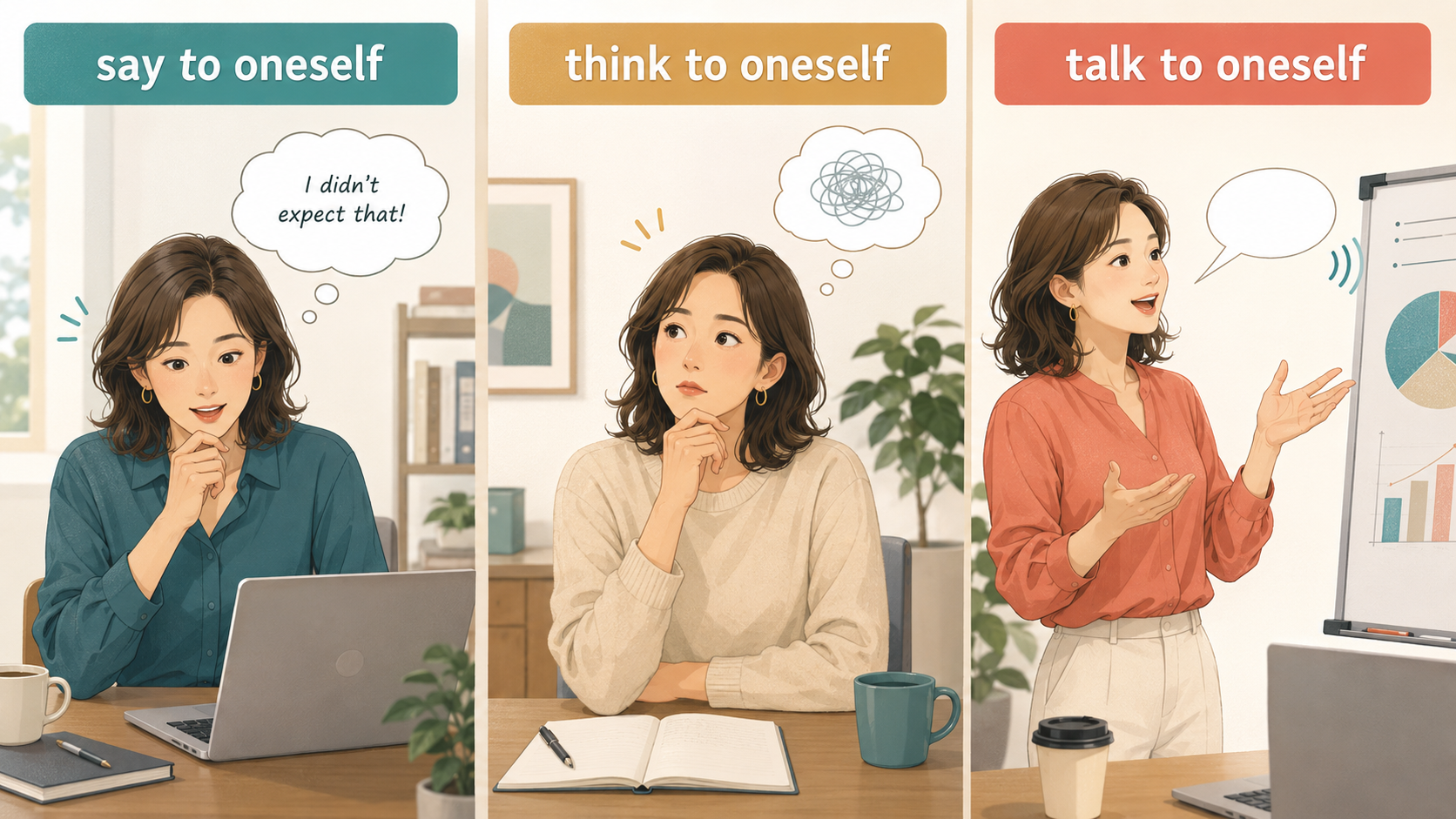 say to oneself・think to oneself・talk to oneselfの違いを3場面で示すイラスト