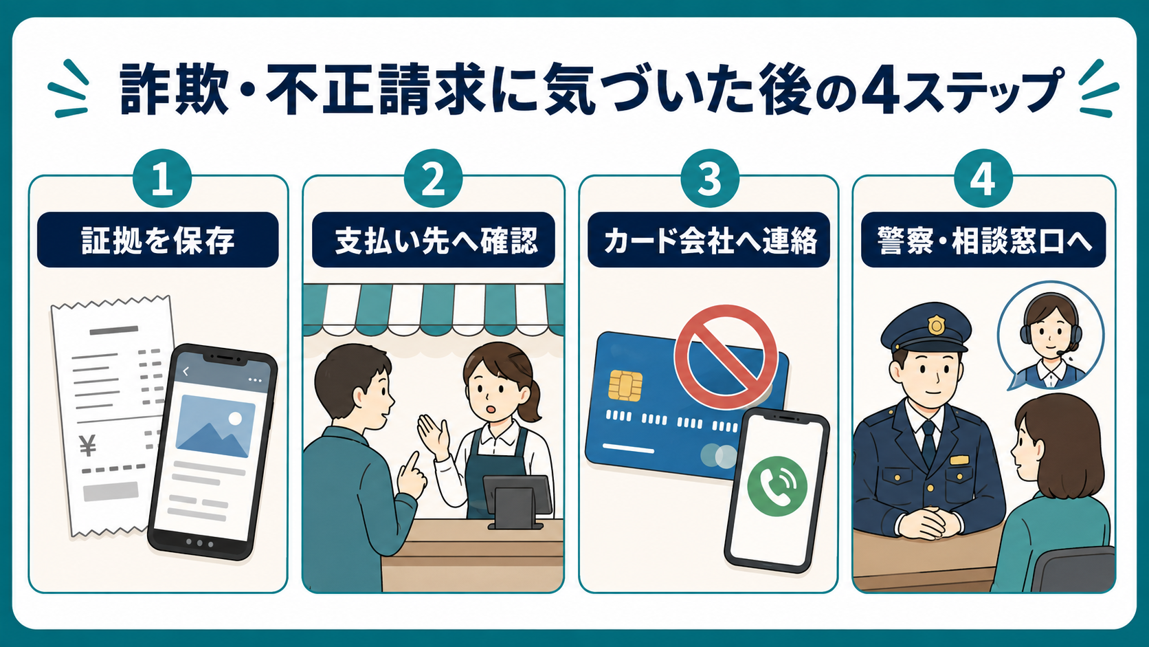 証拠保存・支払い先確認・カード会社への連絡・警察相談の4ステップ