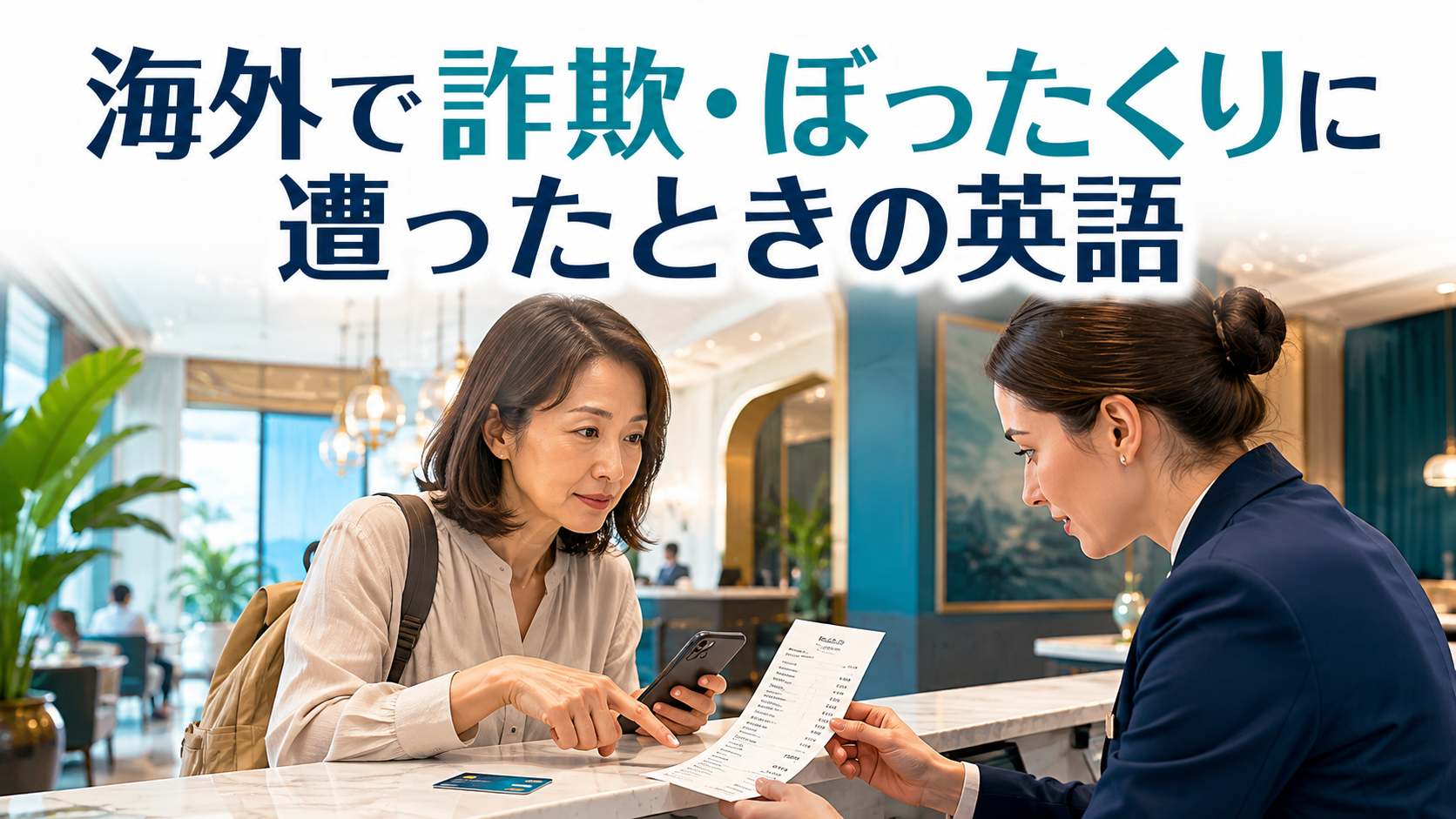 海外で不自然に高い請求書を見せ、スタッフへ確認する旅行者