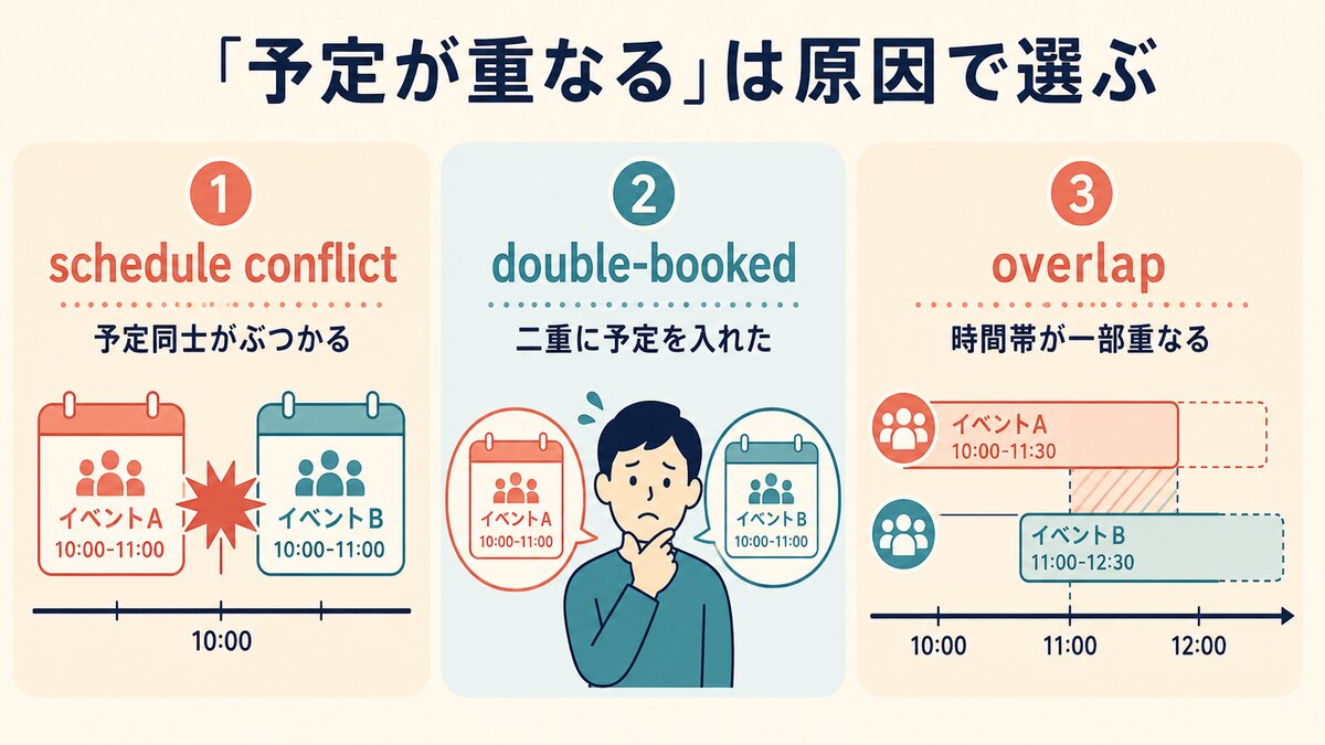 schedule conflict・double-booked・overlapの違い