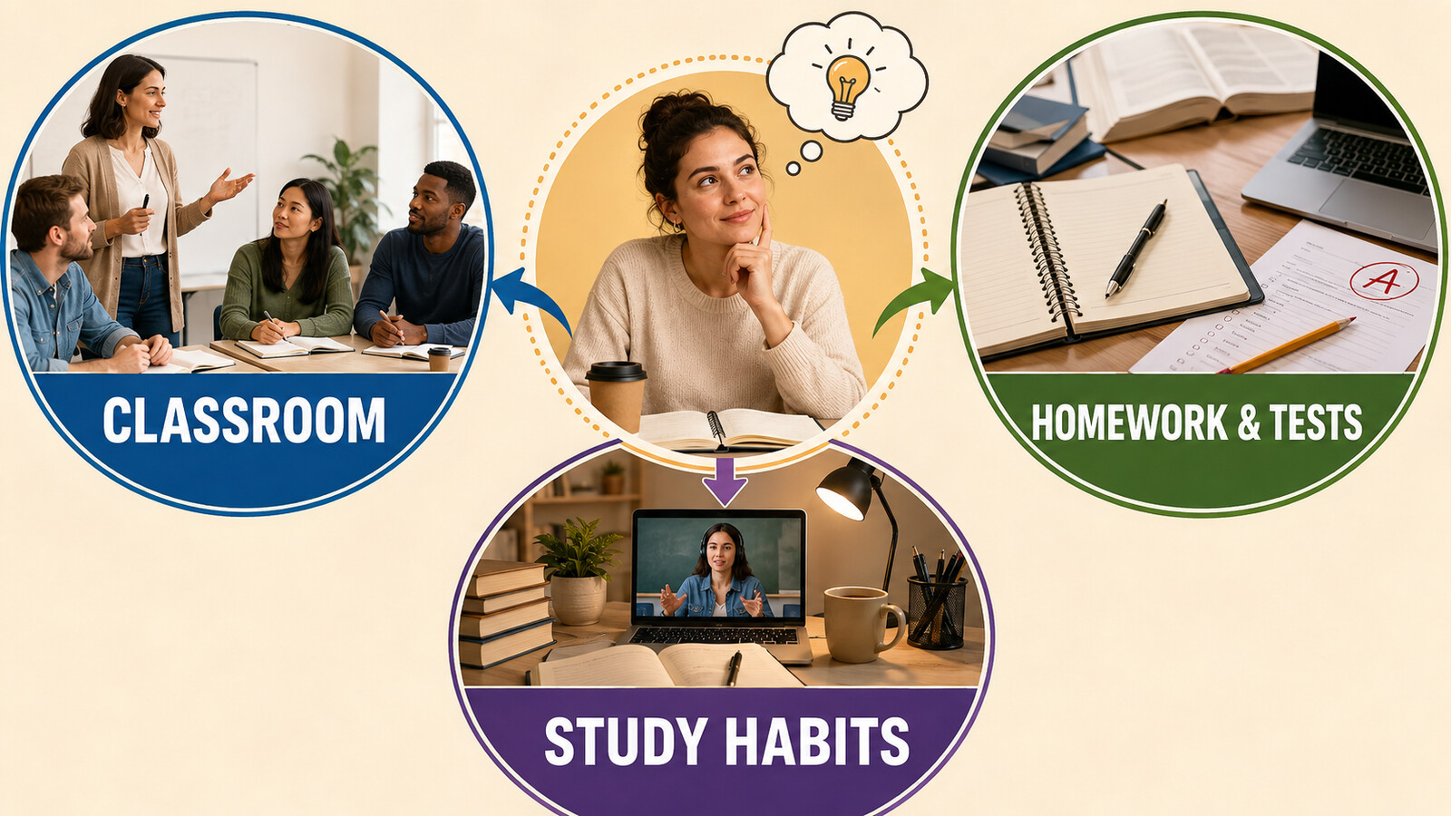 CLASSROOM・HOMEWORK & TESTS・STUDY HABITSの3領域を示した図