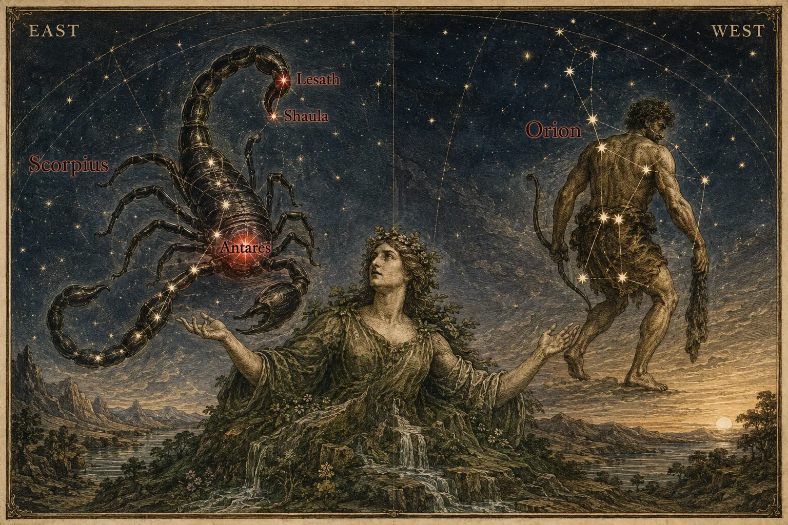 蠍座が昇るとオリオン座が沈む神話とアンタレスを描いた古星図風イラスト