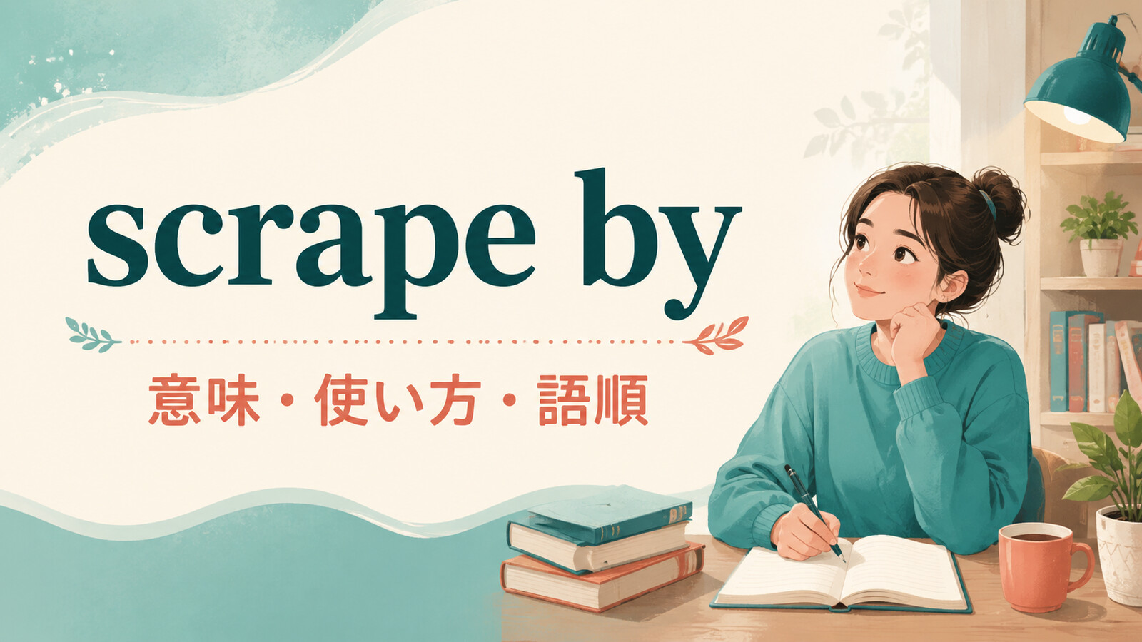 scrape byの意味・使い方・語順を解説するアイキャッチ画像