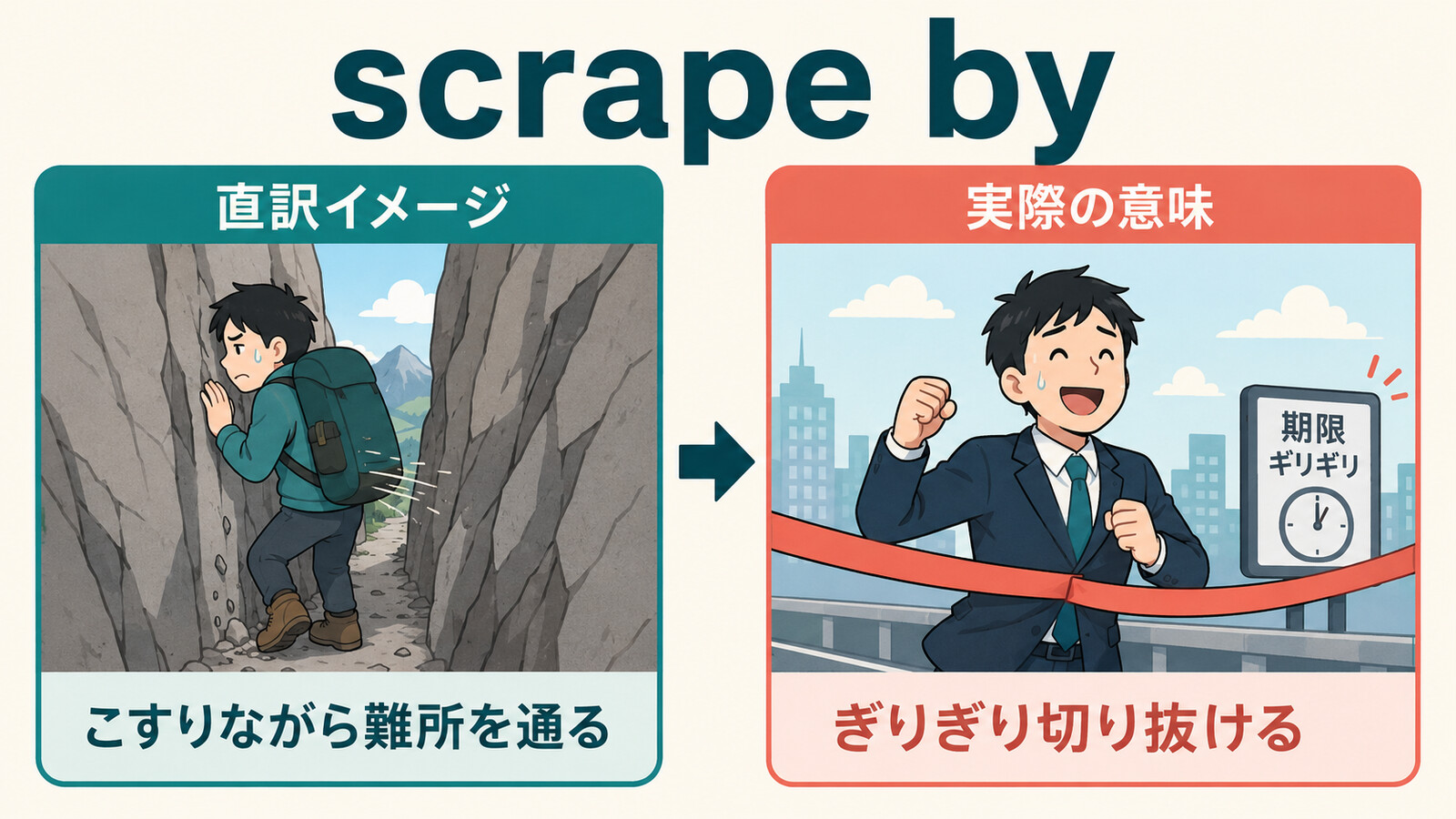 scrape byの直訳イメージと実際の意味・用法を比較する解説イラスト