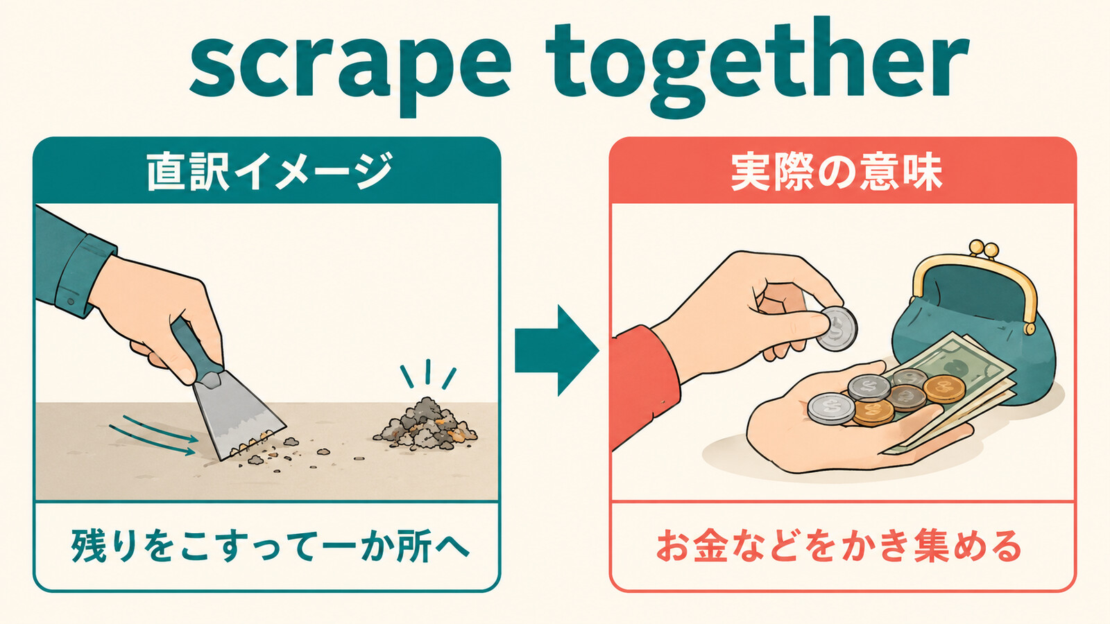 scrape togetherの直訳イメージと実際の意味・用法を比較する解説イラスト