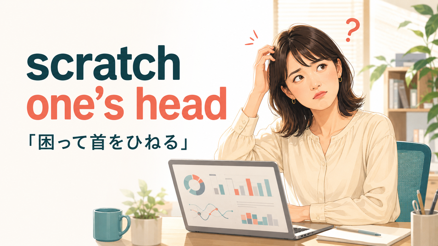 難しい問題を前に頭をかいて困惑する女性とscratch one's headの意味を示すアイキャッチ