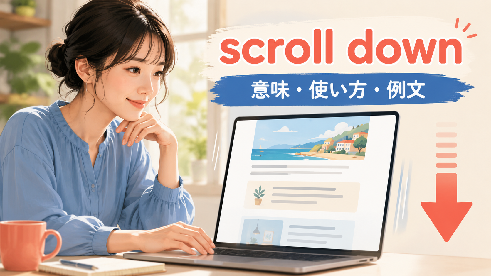 scroll downの意味・使い方・例文を示すアイキャッチ