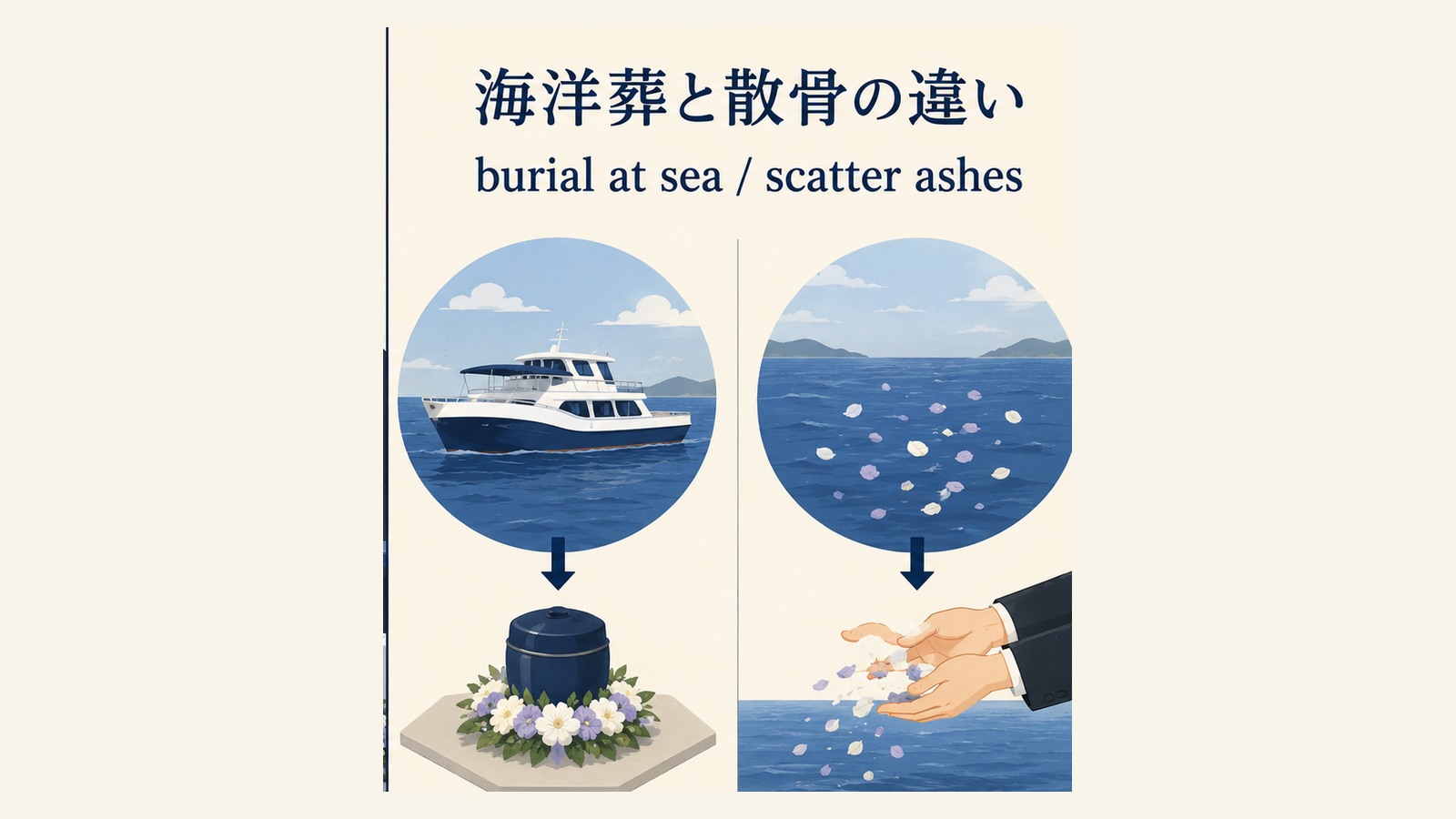海洋葬の英語表現と文化差を説明するイラスト