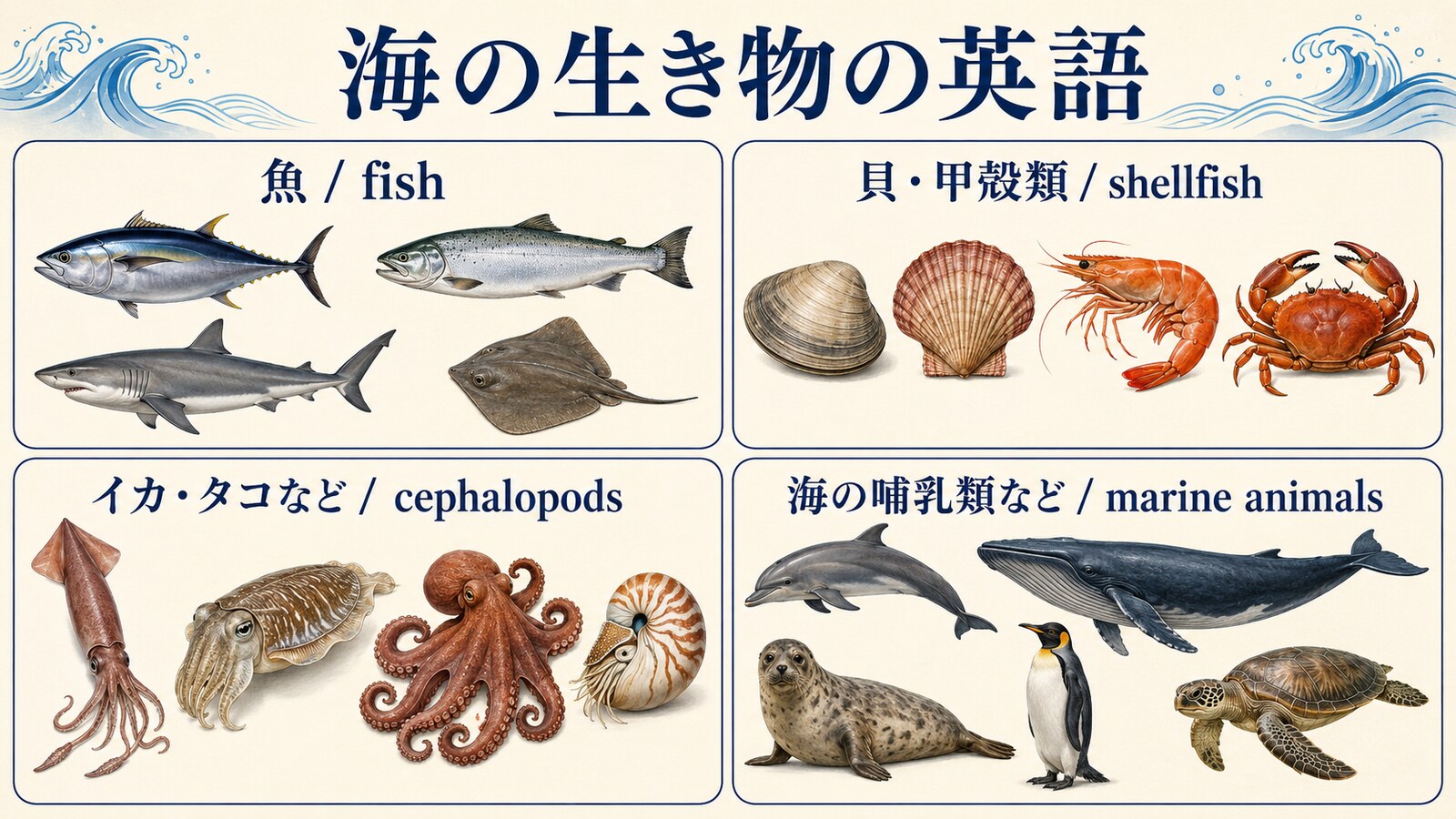 魚・貝と甲殻類・イカとタコなど・海の哺乳類などに分けた海の生き物の英語図解