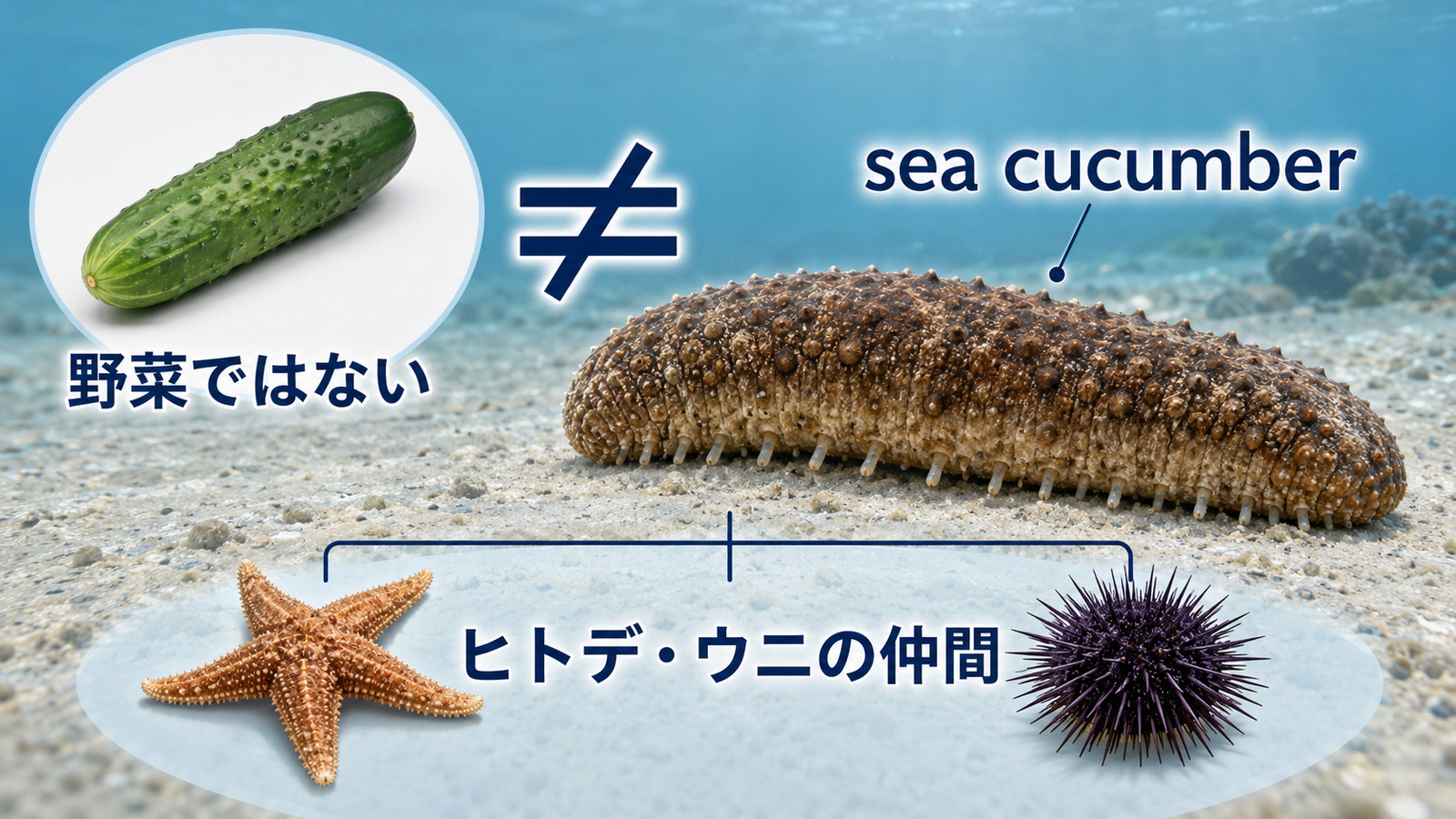 sea cucumberとキュウリの違い、ヒトデ・ウニの仲間であることを示す図