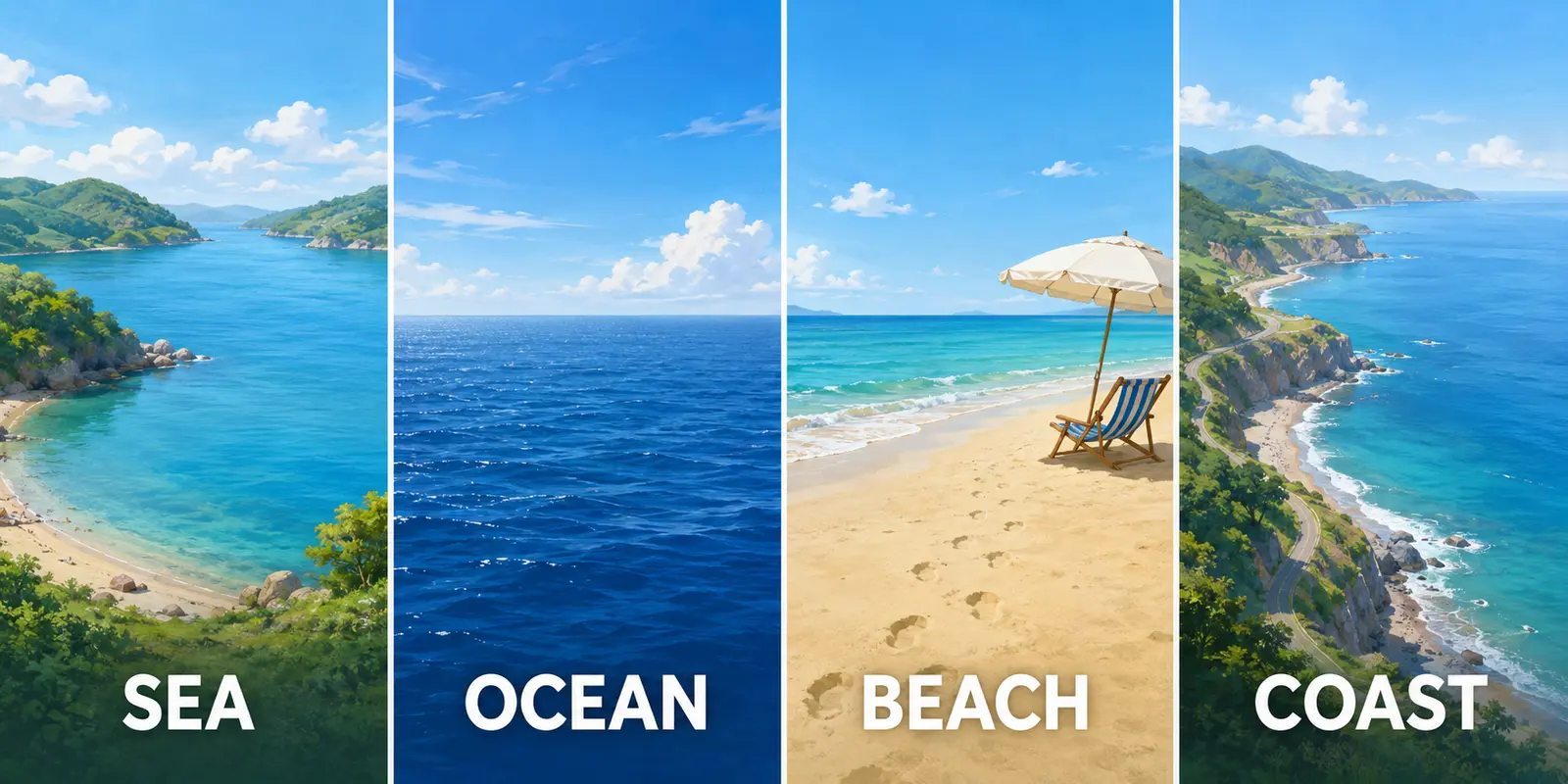 SEA、OCEAN、BEACH、COASTの違いを風景で比較したイラスト