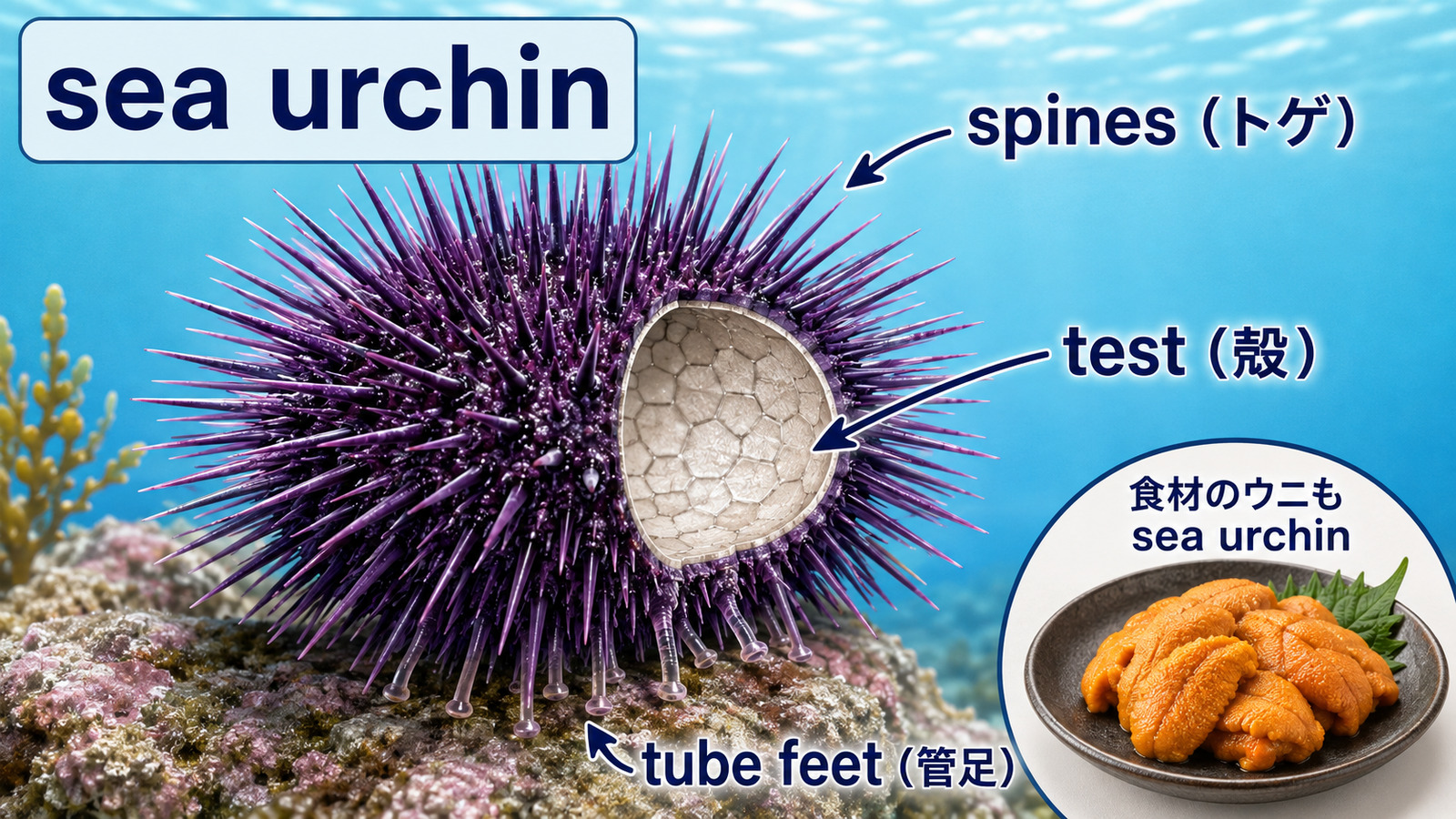 sea urchinのトゲ、殻、管足と食材のウニを示す解説図