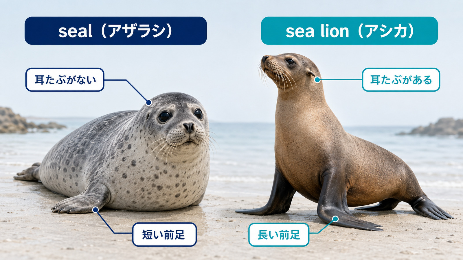アザラシとアシカの耳たぶ・前足の違いを比較した図
