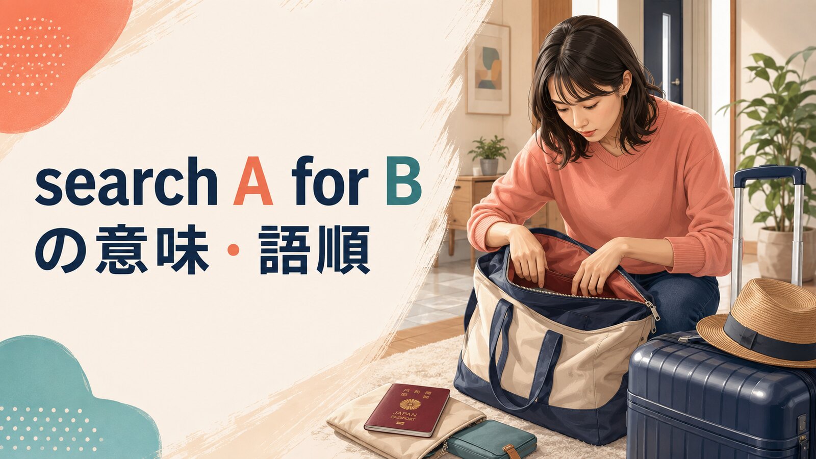 スーツケースの中をパスポートを求めて捜すsearch A for Bのイラスト
