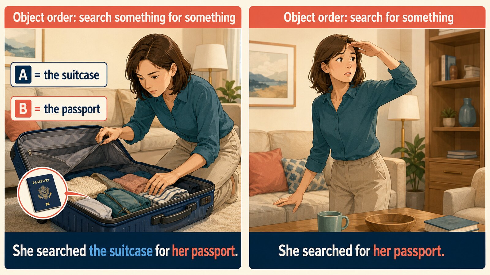 search the suitcase for a passportとsearch for a passportの語順を比較するイラスト