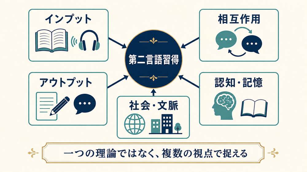 第二言語習得をインプット・相互作用・アウトプット・認知記憶・社会文脈から捉える図