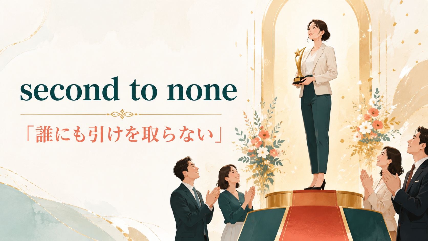 表彰される女性とsecond to noneの意味「誰にも引けを取らない」を示すアイキャッチ