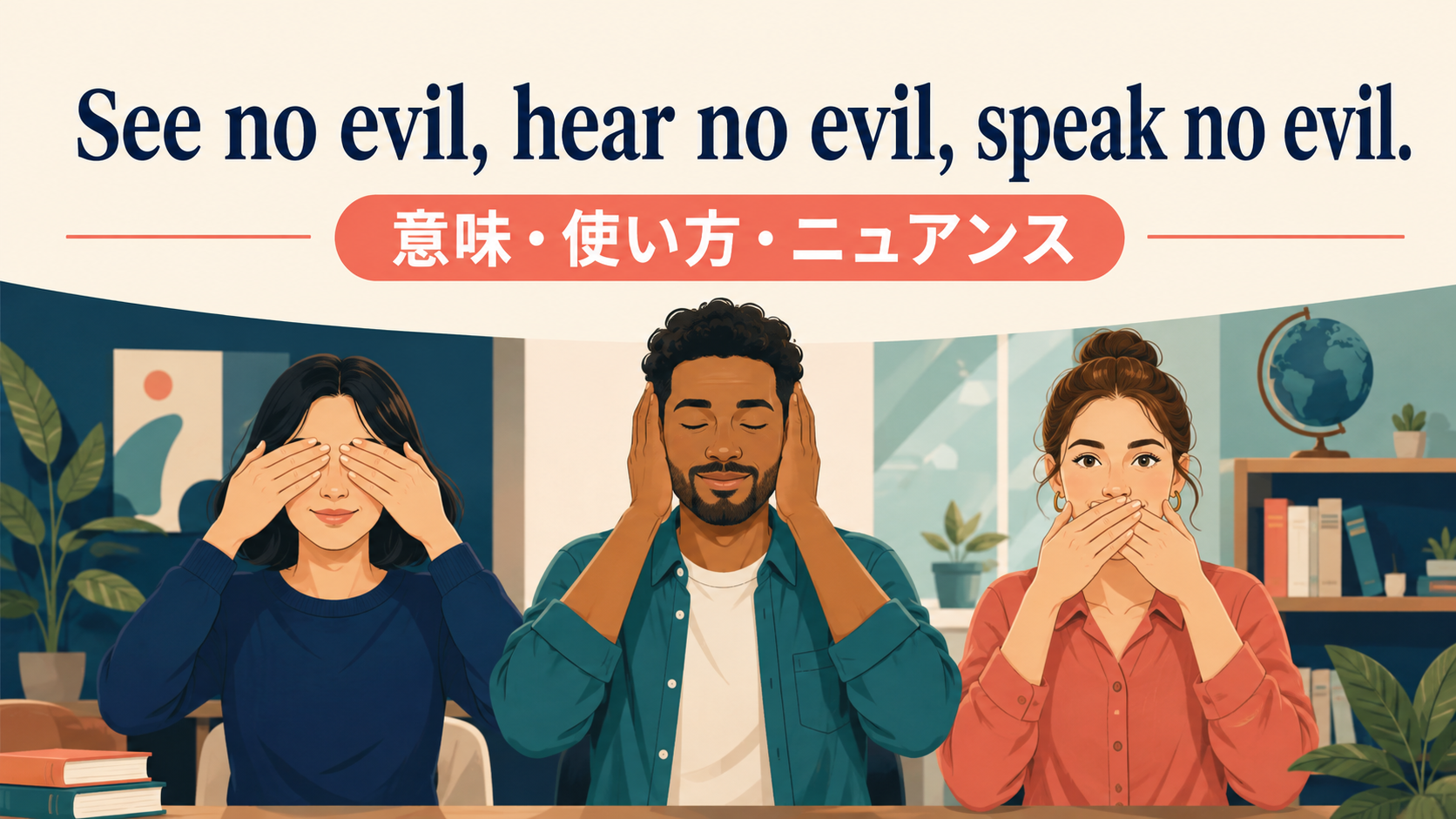 See no evil, hear no evil, speak no evil.の意味は？「見ざる聞かざる言わざる」の使い方