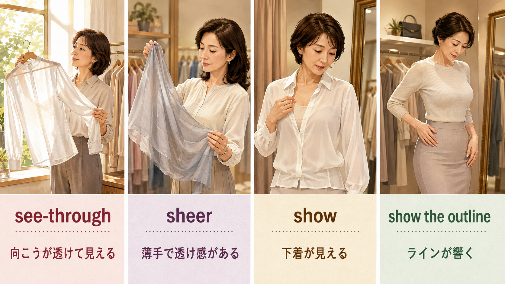see-through、sheer、show、show the outlineの違い