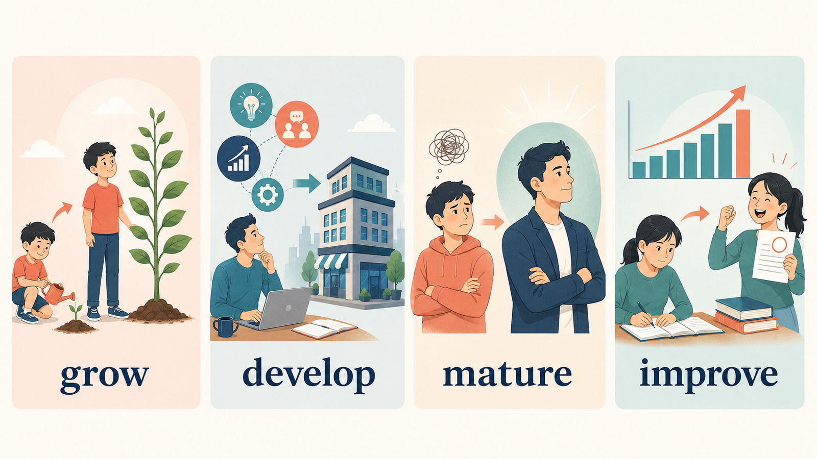 grow・develop・mature・improveで「成長する」の違いを表したイラスト