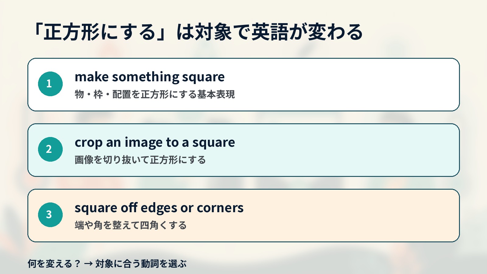 正方形にするときの英語を対象別に使い分ける解説イラスト