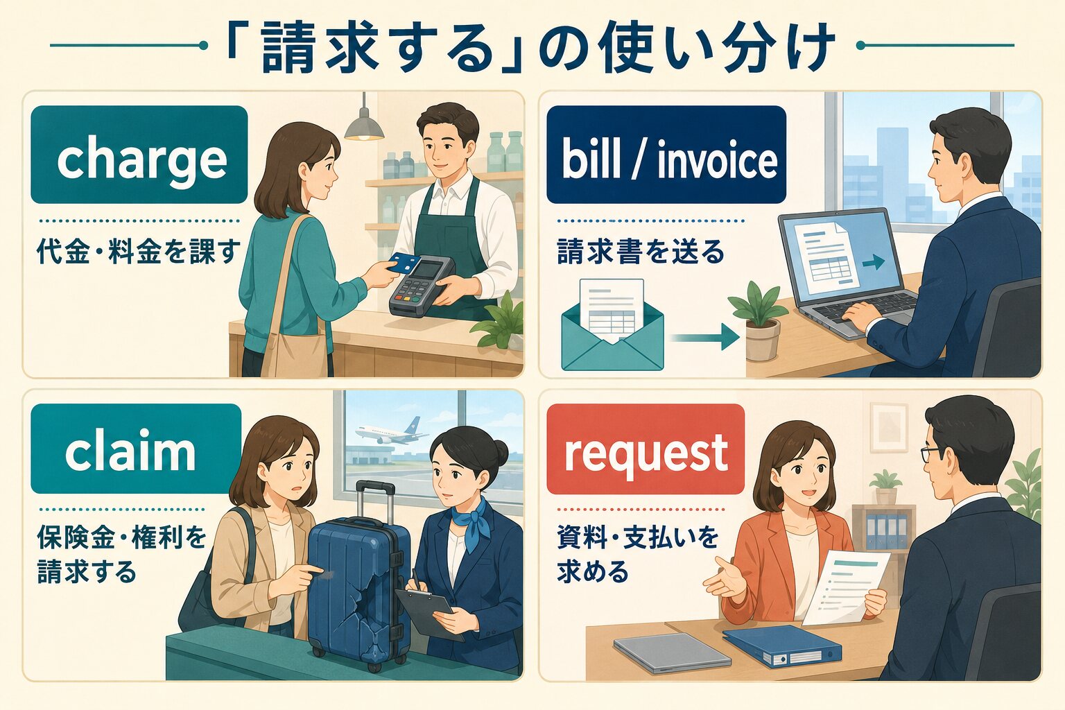 charge・bill・invoice・claim・requestの使い分け比較