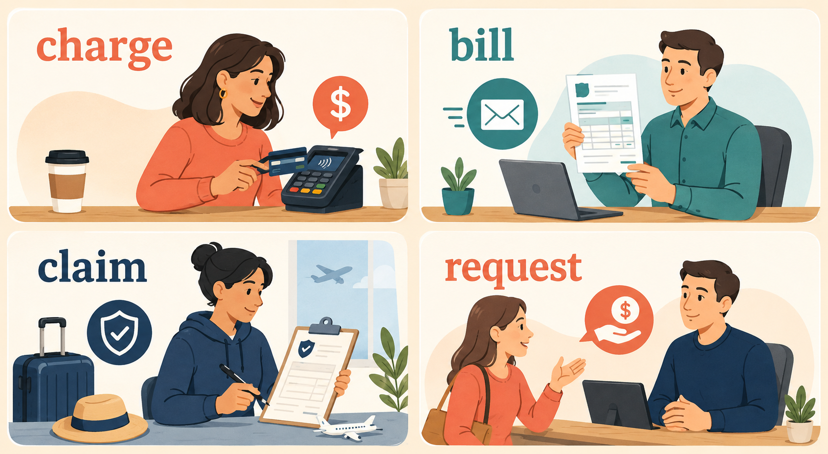 charge・bill・invoice・claim・requestの使い分け比較