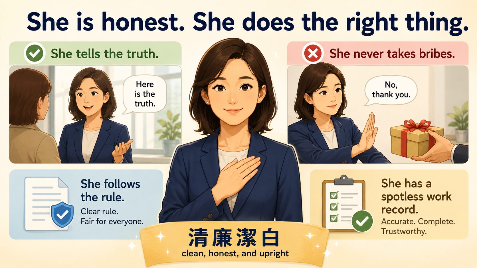 清廉潔白をShe is honestなどの簡単な英語で表すイラスト