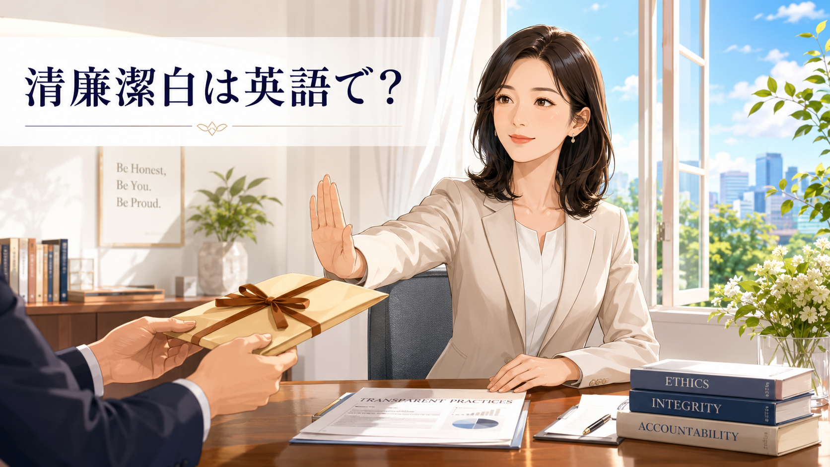 不適切な贈り物を断り清廉潔白な態度を示す女性