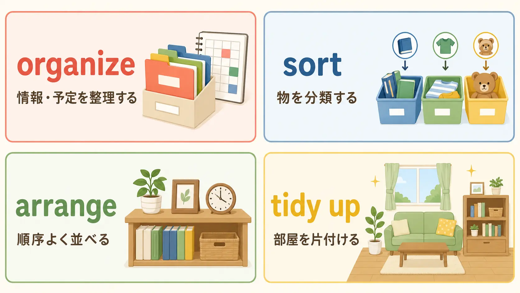 organize・sort・arrange・tidy upの違いを示した比較図